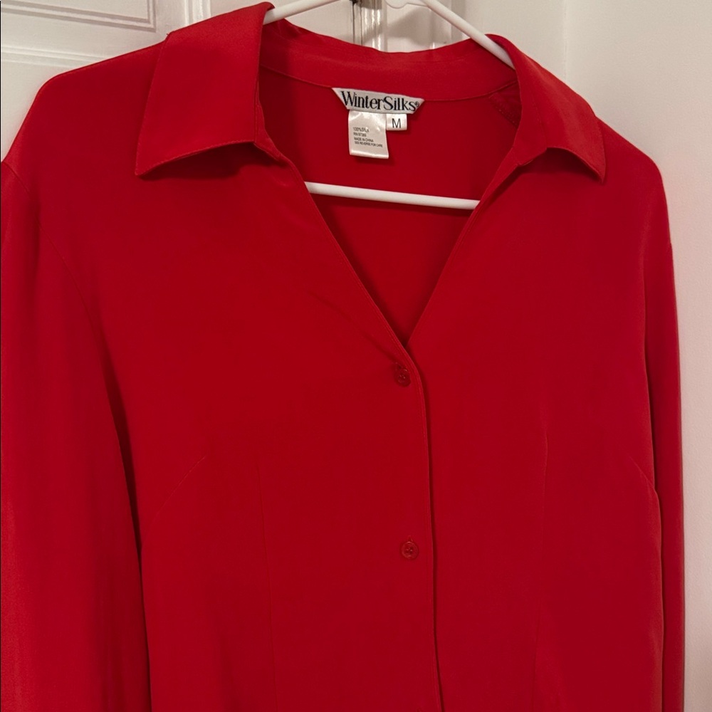 WinterSilks 100% Silk Red Collared Blouse Size M